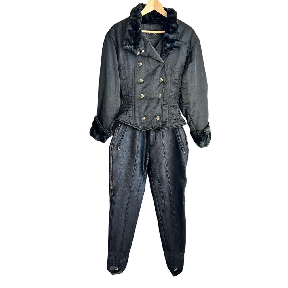 Bogner Black snow suit 2 piece set Jacket and pants womens 8 Faux Fur Equestrian
